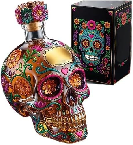 Bottiglia decanter a forma di teschio gotico 2026, decorazione morta, in edizione limitata, dipinta in vetro dipinto, per liquori, decanter vuoto per whisky, creativo con design floreale per feste di