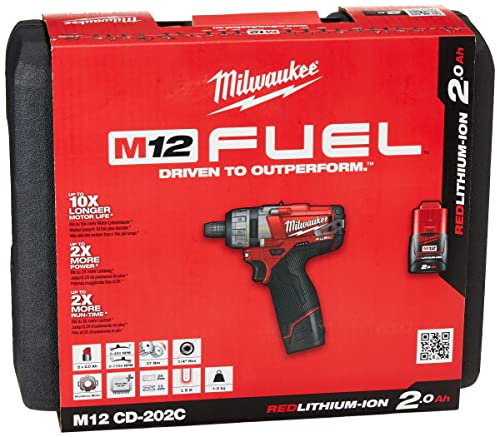 Milwaukee M12CD-202C M12 Fuel Compact Screwdriver with 2 x 2.0Ah Li-Ion Batteries/ Charger/ Soft bag , Red