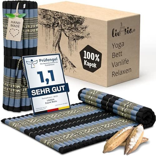 livasia Rollmatte Rollmatratze L-200x110x4,5cm, Gästebett Gästematratze 1 Person, Reisebett Kofferraum Outdoor, Thaimatte Kapok, Garten Balkon handgefertigt rubinrot