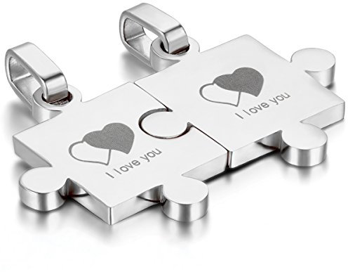 JewelryWe Paar Kette Puzzle Partnerketten: 2pcs Silber Freundschaftsketten Edelstahl Puzzle Partner Anhänger Halskette mit Gravur I Love You & Doppel Herz Pärchen Geschenk für sie und ihn