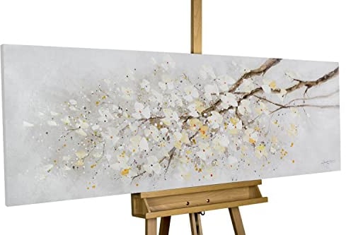 KunstLoft Leinwandbild | 100% HANDGEMALT | 150x50cm | Gemälde 'Zwischen verzweigten Äten' | Blüten | Weiß | Wandbild Wohnzimmer