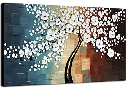 Wieco Art Blooming Life Peinture Florale à l’Huile de Fleurs blanches sur Toile Faite entièrement à la main Prête à accrocher Décoration d’intérieur