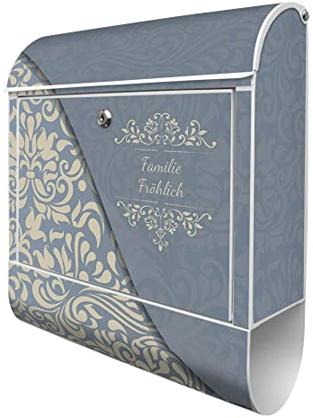 banjado® Design Briefkasten personalisiert mit WT Blaues Ornament 38,5x46,5x13cm & 2 Schlüssel - Briefkasten Stahl weiß mit Zeitungsfach pulverbeschichtet - Postkasten A4 Einwurf inkl. Montagematerial