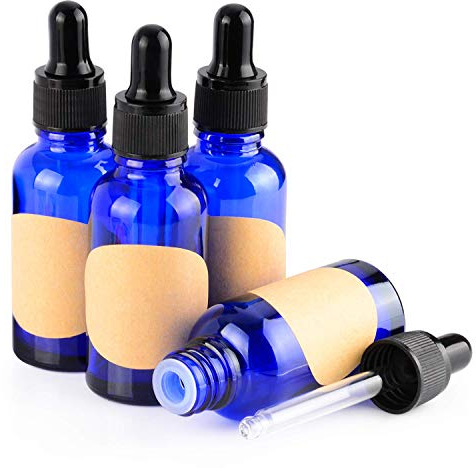Stonylab Cobalt Glass Dropper Bottle 30ml (1 oz) (4 Pack), Blue Empty Glass Bottle with Dropper, Inner Plug and Label for Essential Oils Aromatherapy Fragrances