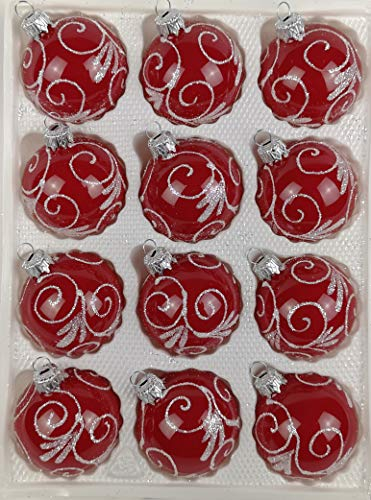 12 TLG. Glas-Weihnachtskugeln Set in Hochglanz Modern Rot Weisse Ornamente - Edle Neuheit - Christbaumkugeln - Weihnachtsschmuck-Christbaumschmuck