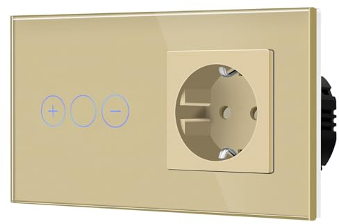 BSEED Dimmer Schalter Touch KEIN WIFI 1 Fach 1 Weg mit Steckdose Gold | Dimmschalter aus Glas, Unterputz Touch Lichtschater, NON-WLAN