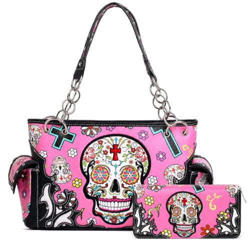 Sugar Skull Rose Flower Day of the Dead Purse Punk Gothic Totes Women Fashion Handbag Skeleton Shoulder Bag Wallet Set