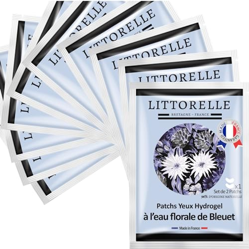 Littorelle – N°7 Patch Yeux Hydrogel à l’eau florale de Bleuet – Made in France – Hydrate, Apaise et et Illumine le regard – Anti-cernes – Anti-poches – Soin Yeux fatigués- Lot de 5 unités