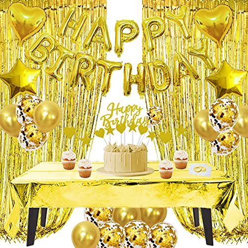 ZERODECO Geburtstagsdeko Gold Set, Happy Birthday Buchstaben Ballons Tischdecke Cake Topper Folienvorhänge Mylarfolie Stern und Herzform Ballons Konfetti Luftballons für Geburtstags Party Deko