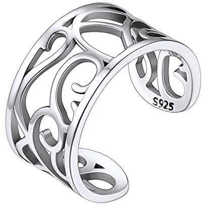 SILVERCUTE Offener Zehenring 8mm breit für Mädchen Frauen 925er Silber vintage hohle Muster Fuß Fingerring verstellbarer Zehen Ring Schmuck Accessoire für Sommerstrand