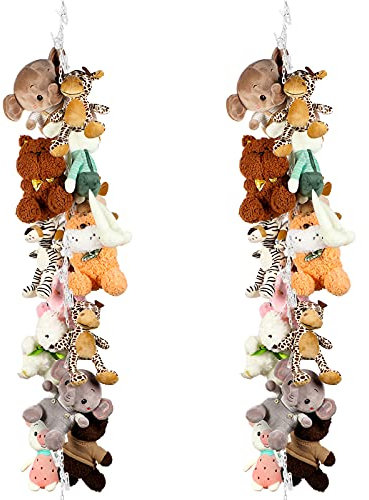 Hotop 2 Pcs Stuffed Animals Storage Chain Hanging Organizer with Plastic Clips Plush Toys Holder with Hooks for Wall Decor bedroom Storage(White)