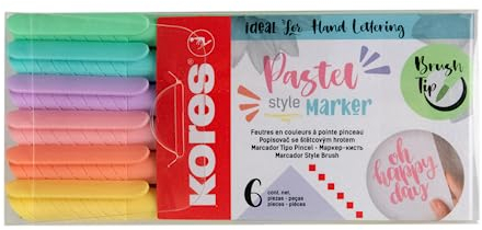 Kores - Rotuladores pastel - Rotuladores de punta de pincel - Punta de pincel suave, tinta a base de agua - Bolígrafos para colorear, suministros de arte, papelería pastel - Juego de 6