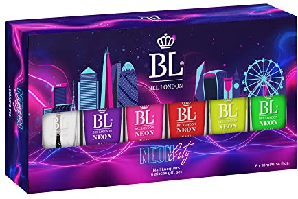 Bel London Neon - Nagellack Set mit bunten Neonfarben - Ungiftig, Umweltfreundlich und Schnelltrocknender Neon Nagellack-Set Ohne UV Licht für Perfekte Maniküre zu Hause, 6 Farben