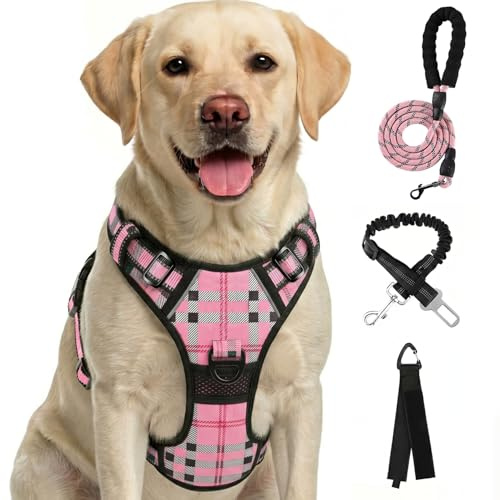 Furryfection Zugfreies Hundegeschirr Reflektierend Plaid Rosa Größe L | Strapazierfähiges Oxfordgewebe, gepolsterter Griff, 4 verstellbare Gurte, 2 Leinenösen, passend für mittlere bis große Hunde