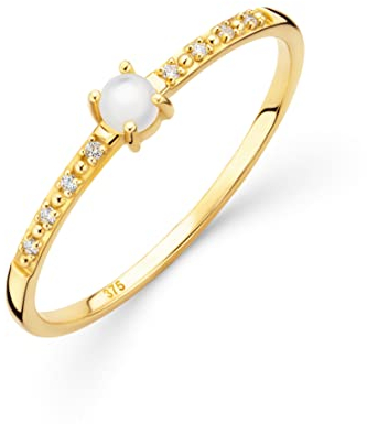 OROVI Damen Ring | Diamant Ring | echtes 9 Karat (375) Gelbgold | mit 8 echten Diamanten und Perlmutt von 0,17 Karat | Gold Verlobungsring | nachhaltiger, handgemachter Damen Schmuck