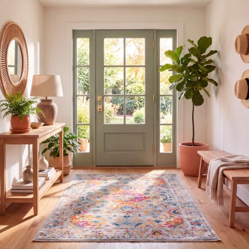 SAFAVIEH Boho Teppich für Wohnzimmer, Esszimmer, Schlafzimmer - Madison Collection, Kurzer Flor, Grau und Fuchsia, 122 x 183 cm