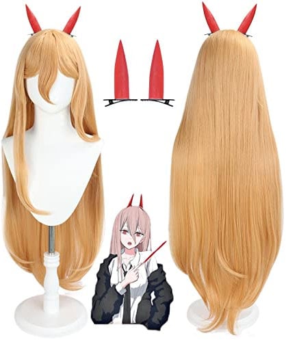 Bokerom Anime Power Cosplay Wig for Chainsaw Man, Long Straight Orange Wig with Two Horns Halloween Costume Party Wigs