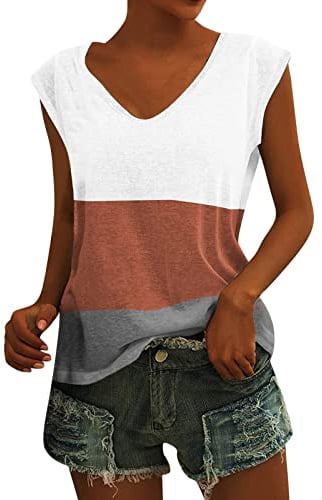 Frauen Cap Sleeve Tanktops Sommer V-Ausschnitt Lässige Loose Fit Plain Shirts Basic Bluse Küstenluder Damen Lange Ärmel (M2022F-Orange, S)