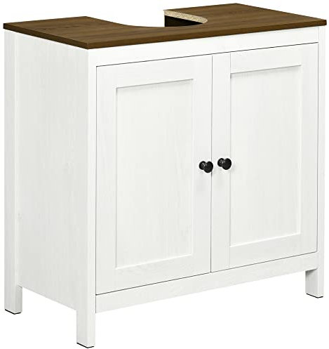 kleankin Mueble para Debajo del Lavabo Armario Bajo Lavabo de Madera con 2 Puertas y Estante Ajustable Armario de Baño de Suelo Moderno 60x30x60 cm Blanco