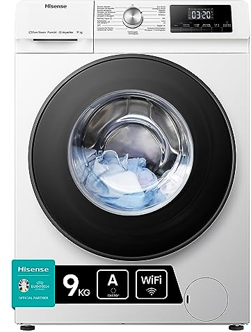 Hisense WFQA9014EVJMW - Lavadora con Vapor, Conectividad Wifi, Carga Frontal 9 Kg Lavado, 1400 rpm, Motor Eficiente Inverter, Sistema Antibalanceo, Puerta XL, Gran Display LED