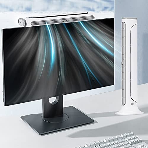 NORMIA RITA Bladeless Clip On Electric Fan, 14'' White Tower USB Desk Fan for Office, 4 Speeds, Quiet, Cordless, Rechargeable, Suitable for Flat and Curved Monitor, Laptop