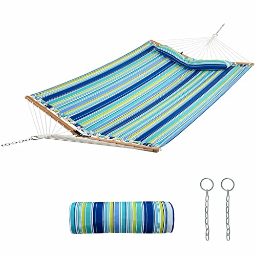 KOMFOTTEU Hängematte mit abnehmbarem Kissen, Spreizstangen aus Buchenholz, Hängeliege bis zu 150 kg belastbar für Terrasse Balkon, 191 cm x 141 cm(L x B) (Blau + Grün)