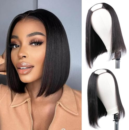 DaiMer Straight Bob Wig U Part Human Hair Wigs 130% Density Glueless None Lace Realiatic Wigs for Black Women Brazilian Remy Hair Short Bob Wigs Natural Color U Part Wig 12 inch