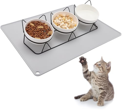 Phoetya Cat Bowl Set of 3, Ceramic Cat Food Bowl with Stand Pet Bowl Mat Tilted Elevated Cat Feeding Station Kitten Food Storage Bowls Anti Vomiting Raised Puppy Dish Feeder for Small Dog(Black)