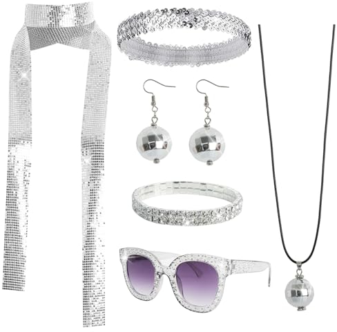 Gvhntk 70er Jahre Frauen Disco Kostüm Zubehör Set Schmuck Disco Pailletten Schal Stirnband Diamant Armband Ball Halskette Ohrring Brille, Splitter, Einheitsgröße