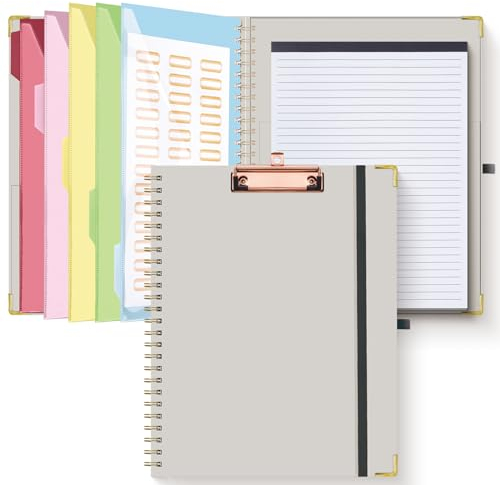 HAUTOCO Klemmbrett A4 Ordner Mit Nachfüllbarem Linierten Notizblock, 5 Ordnern, 10 Taschen, Klemmbrett A4 mit Deckel, Spiral Clip Board für Schule, Büro, Grau