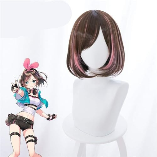Wig Anime Cosplay Kizuna AI Cosplay Perücke Frauen Kurze Bob Braun Und Rosa Kunsthaar Perücke for Halloween Party Kostüm + Kappe