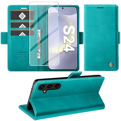Giyer Handyhülle für Samsung Galaxy S24 5G Hülle mit Schutzfolie, Schutzhülle Galaxy S24 5G PU Leder Wallet Flip Case Standfunktion Kartenfach Klapphülle für Samsung S24 Full Cover (Cyan)