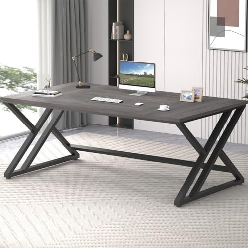 LVB Long Rustic Computer Desk, Industrial Large Wood Metal Office Desk, Modern Pc Study Gaming Writing Table for Two Person, Workstation Executive Desk for Home Bedroom Living Room, Dark Gray, 180cm