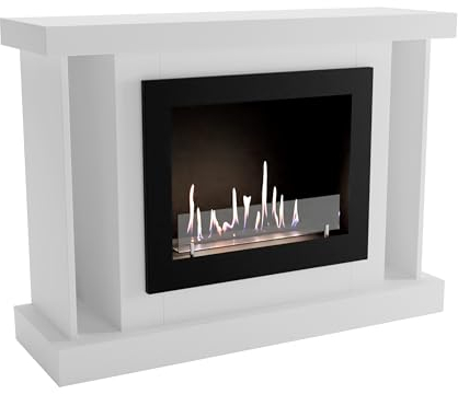 GLOW FIRE Ethanol Kamin HAMAR (Standkamin) - Bioethanol Kaminofen für Indoor mit Holz-Fassade, 3 h Brenndauer, über 2kW Heizleistung, 120 x 89 x 38 cm - Weiß