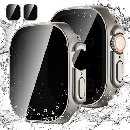 [2Pezzi] Kamita Custodia per Apple Watch Ultra 2/Ultra 49mm con Protezione Dello Schermo in Vetro Temperato per la Privacy, Impermeabile Duro PC Bumper Case Anti-spy Cover per iWatch 49mm (Titanio*2)