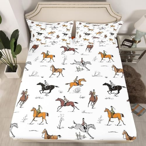 Homewish - Sábana bajera 90 x 190 cm Caballo de Carreras, juego de ropa de cama deportiva ecuestre, sábanas de cama jinetes para niños adolescentes, sábana bajera occidental vintage para colchón, 1