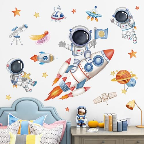 wondever Wandtattoo Weltraum Kinder Astronaut Wandaufkleber Planeten Raketen Weltall Wandsticker Wanddeko für Kinderzimmer Babyzimmer Spielzimmer
