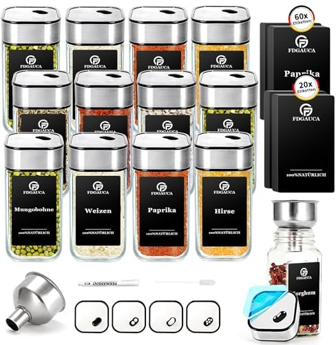 SIAZIH 360° Rotation Gewürzgläser Eckig Set | Drei Kaliber, frei einstellbar | 12 Gewürzdosen Mit Gewürzetiketten | Perfekte Organisation Küche Gewürz Organizer | 120ml Gewürzbehälter aus Glas
