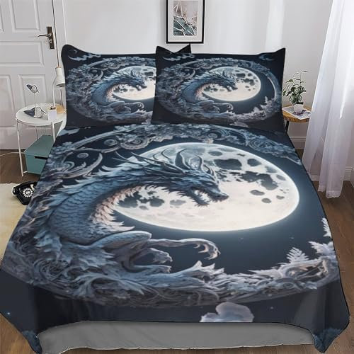 PAZZK Drachen Bettwäsche Weich Atmungsaktiv Bettbezüge Set 2 teilig Mikrofaser Bettbezug Mit Kissenbezüge Für Kinder Erwachsene Deckenbezug Single (135x200cm)