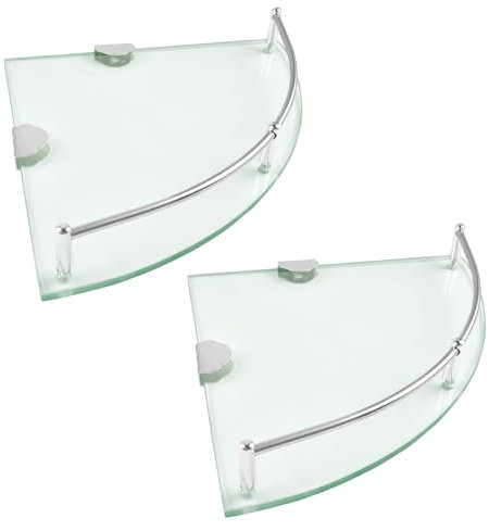 Boocalny Lot de 2 étagères d'angle en verre avec rails en acier inoxydable, étagère de douche en verre trempé, étagère murale en verre pour l'organisation de la salle de bain, 23,5 x 23,5 x 0,6 cm,