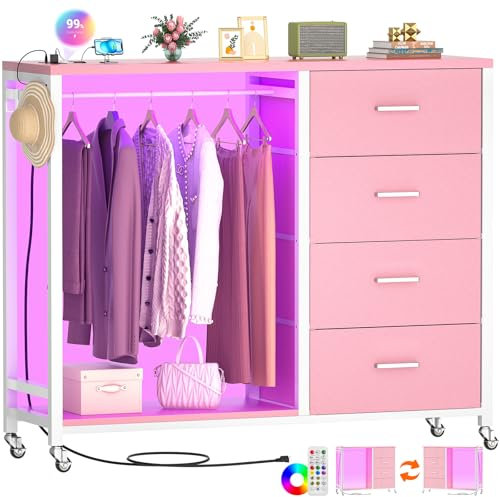 Cyclysio Comò per camera da letto con appendiabiti, 4 cassetti in tessuto con stazione di ricarica e luci a LED, cassettiera rosa con ruote, piano in legno, ruote bloccabili, armadio, rosa