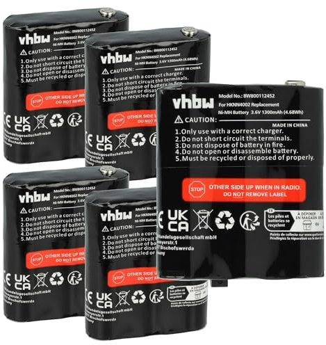 vhbw 5X Battery Compatible with Motorola Talkabout T5920, T9500, T5950, T8500, T5900 Radio, Walkie Talkie (1300 mAh, 3.6 V, NiMH)