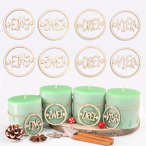 HERZONE 2sets Adventszahlen 1-4 Adventskranz Zahlen Holz 1 2 3 4 für Kerzen Kerzenhalter Holz Anhänger Deko Kerzenstecker Weihnachten Kerzen Dekoration Adventsdeko (natur eins-vier(Großbuchstaben))