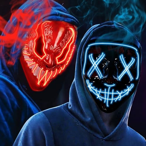 OUILA LED Halloween Maske, 2 Pack Neon Leuchtmaske mit 3 Leuchtmodi für Herren, Damen, Cosplay, Halloween, Karneval, Maskerade Party