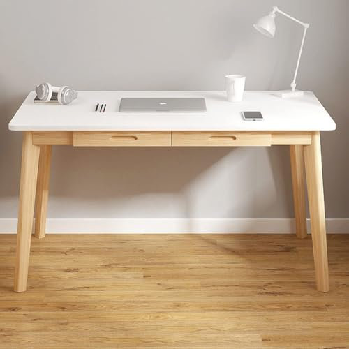 MESCXTY Mid Century Modern Schreibtisch,Computertisch mit 2 Schubladen Nussbaum Massivholz Schreibtisch Frisiertisch Arbeitstisch zum Studieren und Schreiben(39 Inch, White)