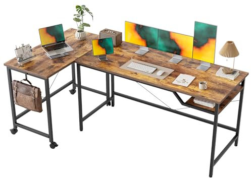 Mericonia 190 cm Computer Desk with Wheels, Switchable L-Shaped Table Game Table, Home Office Work Study Table with 2 V-Shaped Bars for Home Office, Student Study, Brown