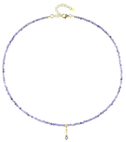 Cavill Tansanit Halskette 26,29 ct vergoldet 925 Silber, rund facettierte Tansanit-Perlen und Ovalschliff Anhänger, verstellbare Länge 45-50 cm, moderner eleganter Stil, Blau-Lila