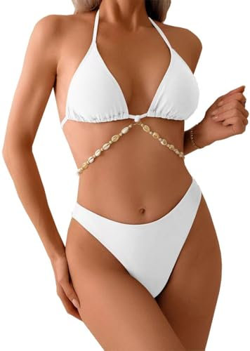 Joligiao Bikini Damen Set Mode Triangel Bikini Nackenträge Bikini Sets Zweiteiliger Bademode Sexy Badeanzug Mit Muschelkette Einfarbiger Badeanzug mit Brustpolster Lässiger Bequemer Strandbikini