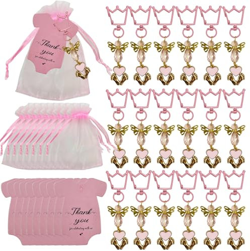 DUGYIRS 20 Sets Gastgeschenke Taufe,Inklusive Schlüsselanhänger Organzasäckchen und Dankeschön-Tags für Jungen Mädchen Baby Shower Geburtstagsfeier Zubehör Babyparty Deko(Rosa)