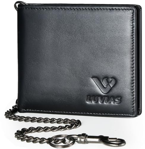 V LUVIAS Mens Wallet with Chain RFID Blocking Genuine Leather Bifold with ID Windows Card Holder with Gift Box